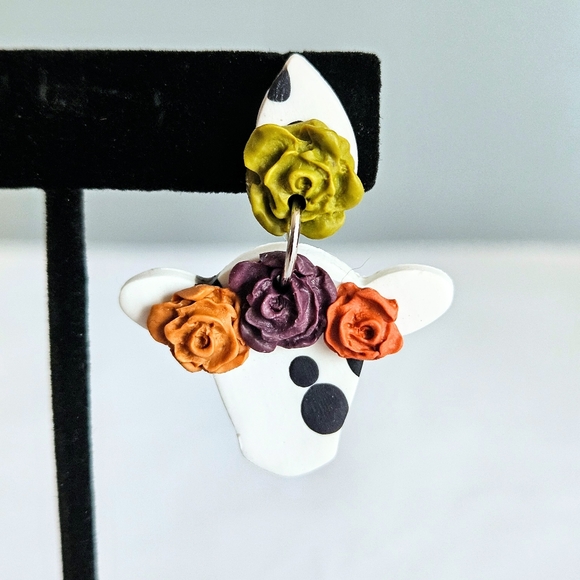 SD Handmade Flower Tiara Green/Orange/Purple Cow Polymer Clay Dangling Earrings - Picture 4 of 5